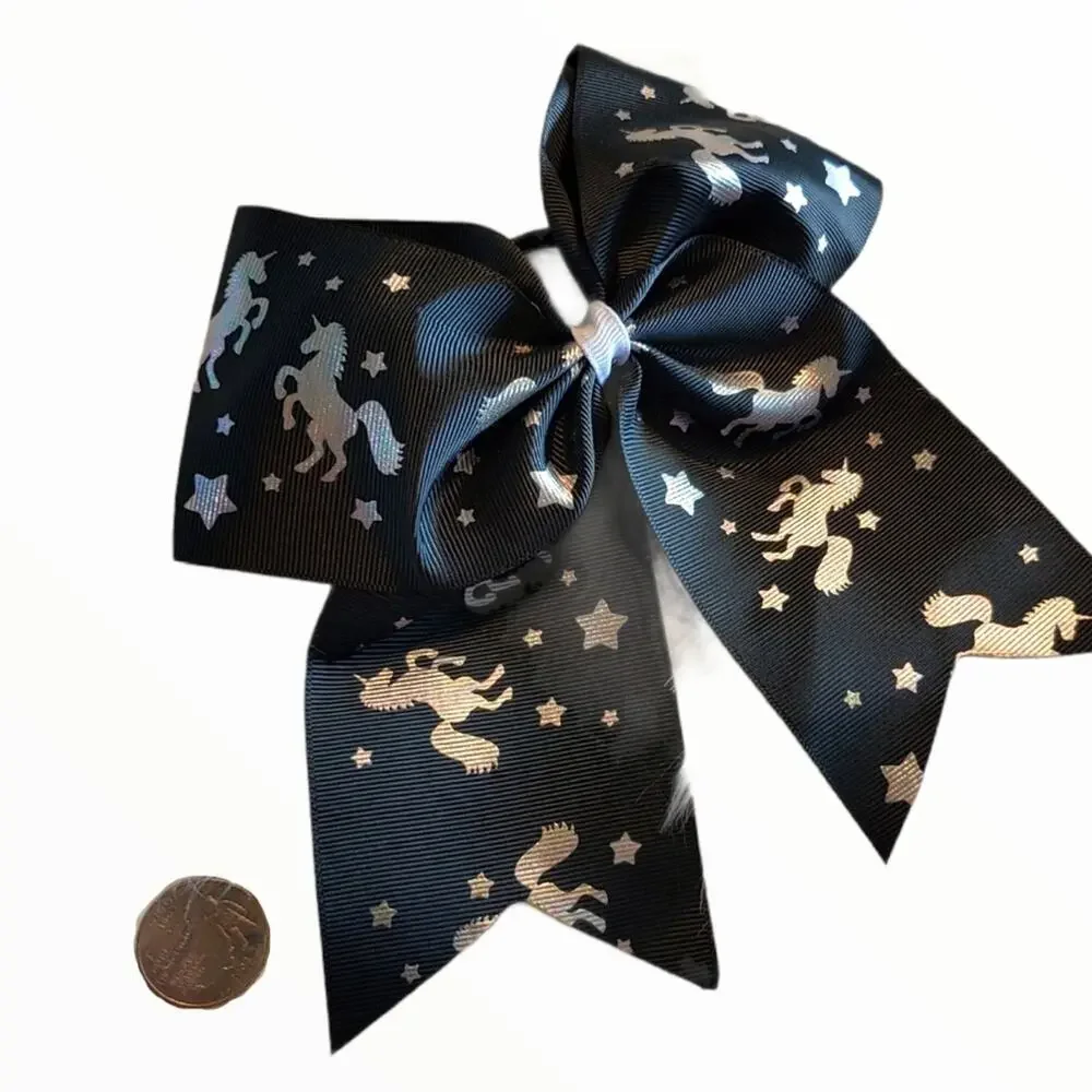 Large Boutique Bow Black and Silver Metallic Unicorn Stars Hair Tie